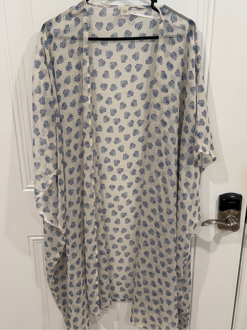 Cato Sheer Cream Kimono Duster with Blue Shell Print